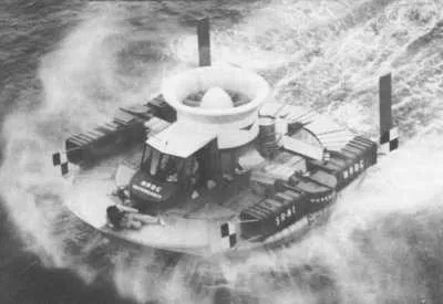 SRN1 hovercraft at sea with Sir Christopher Cockrell on the bow.